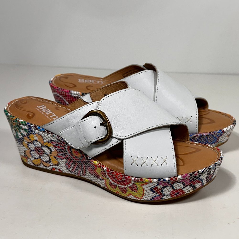 Born Ashley Cross White Leather Strap Floral Wedge Sandals Women Size 9 M